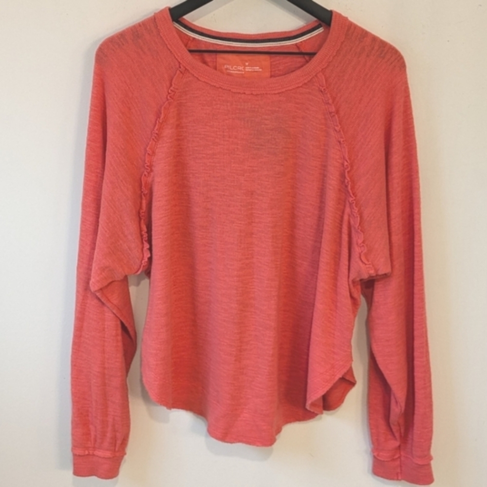Anthropologie Pilcro Orange Raw Hem Ruffle Dolman Sleeve Long Sleeve Boho Shirt